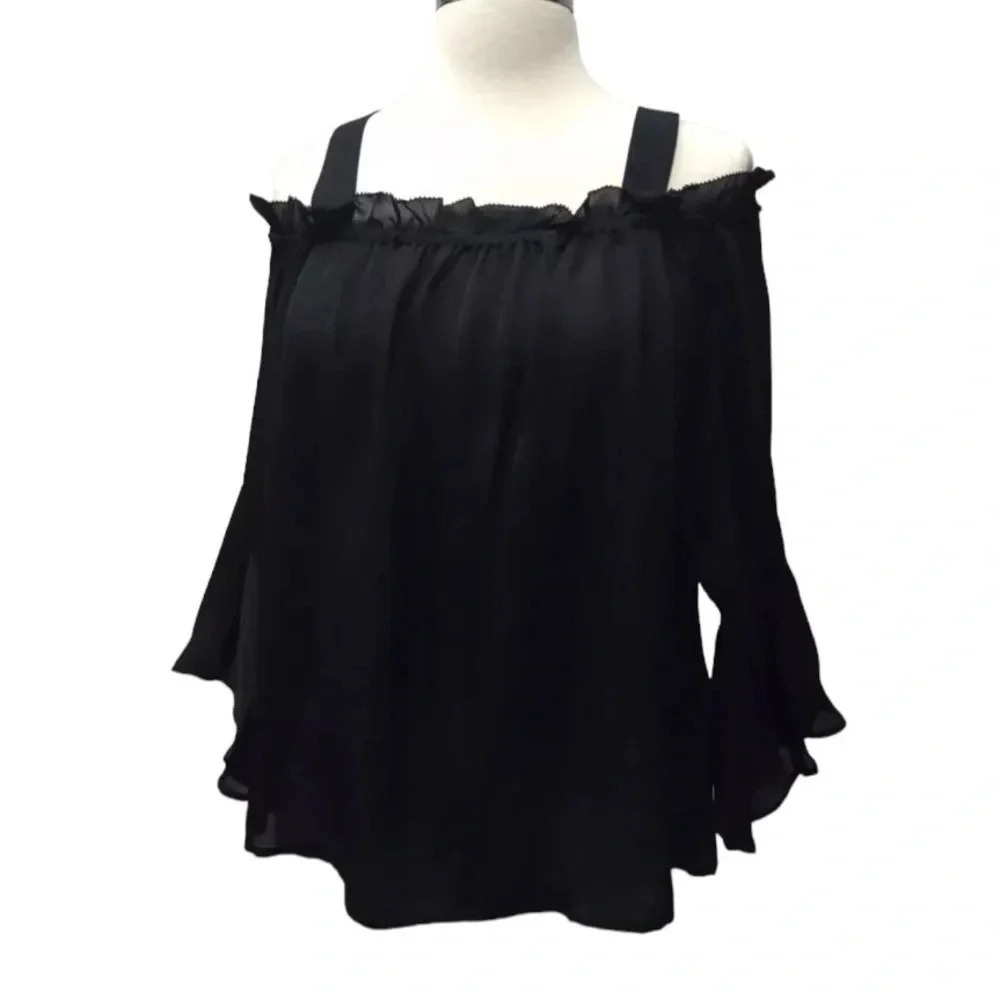J Crew Black SILK Top Tee Cold-shoulder Bell Sleeves Sz 00